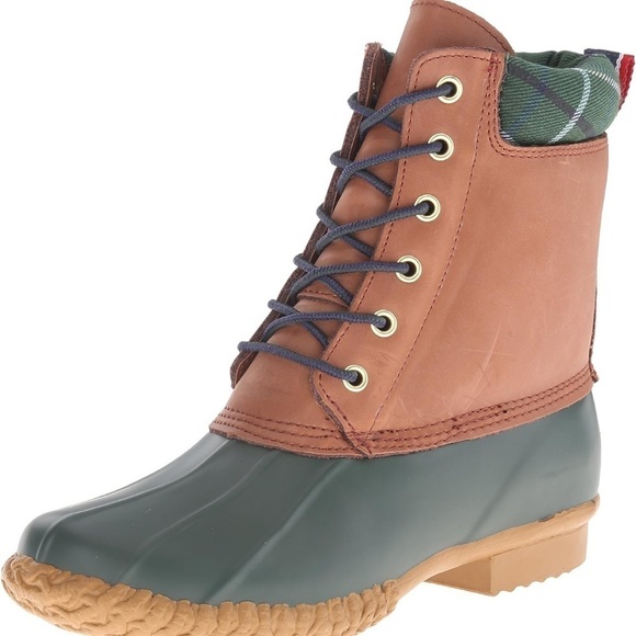 Tommy Hilfiger Russel Brown Green Leather Lace Up Rain Duck Boots SIZE 7 - Picture 1 of 10